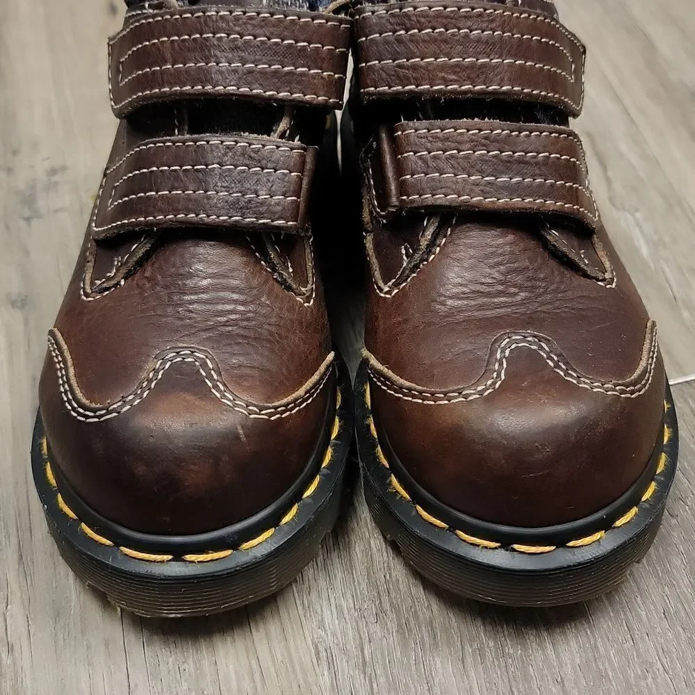 Dr Martens Original Leather Kids Brown 9852 Rare No Tie Classic Stitch Size 12